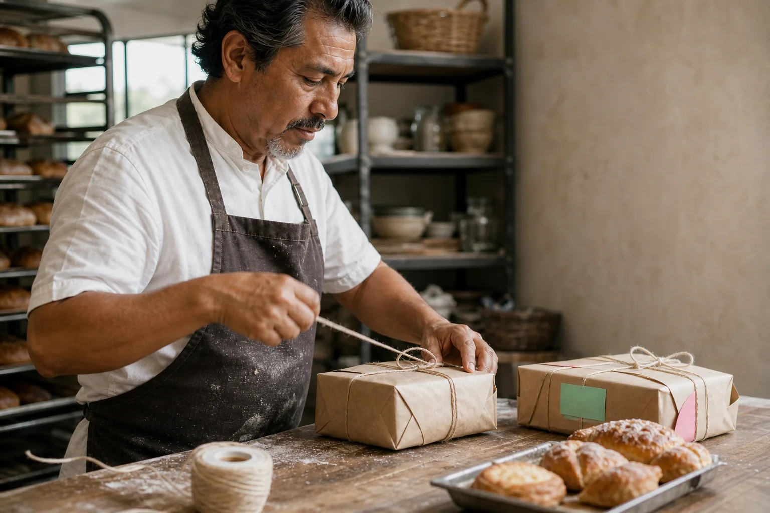 Baker tying finished packages at a worktable