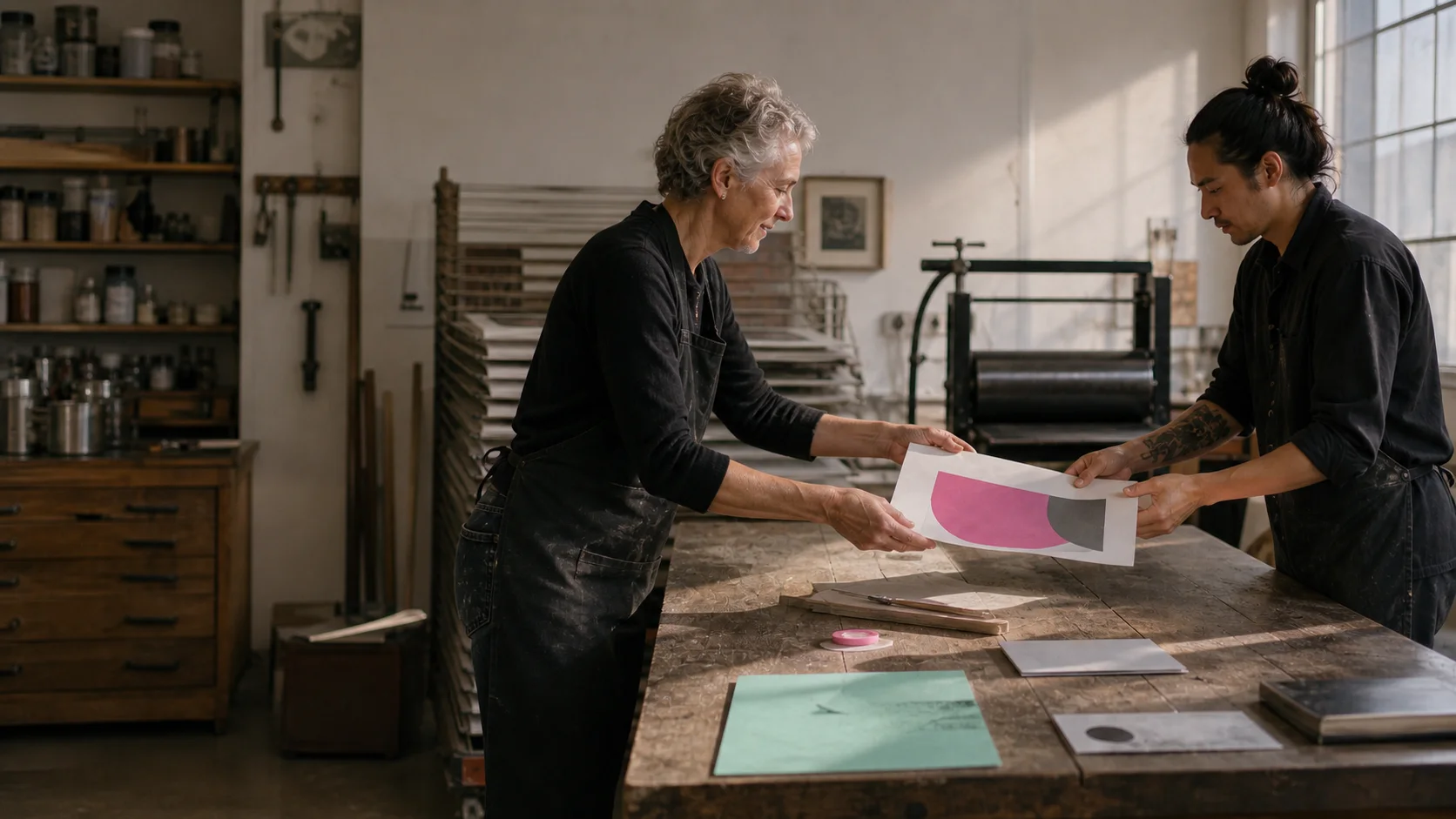 Two printmakers reviewing a finished brand proof together